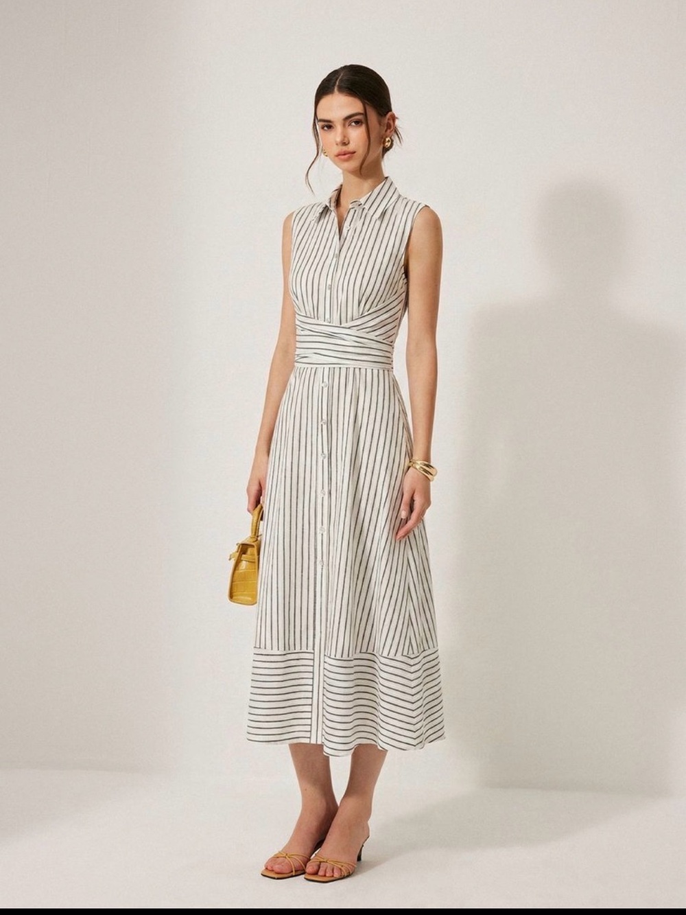 COMMENSE Sleeveless Striped Midi Shirt Dress - White with Black Stripes